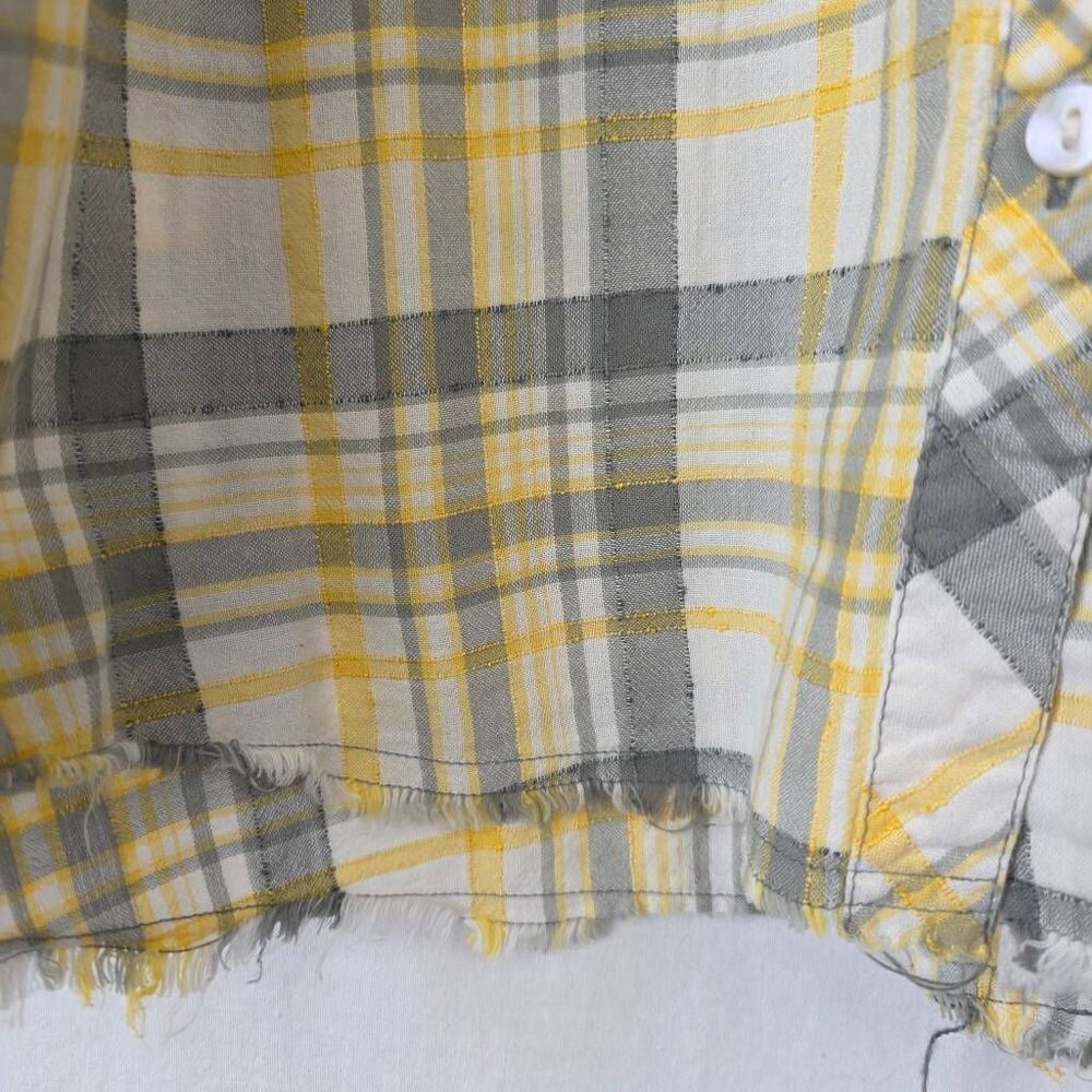 Maurices XL Yellow Gray Plaid Button Front Frayed Hem Shirt - Picture 5 of 11